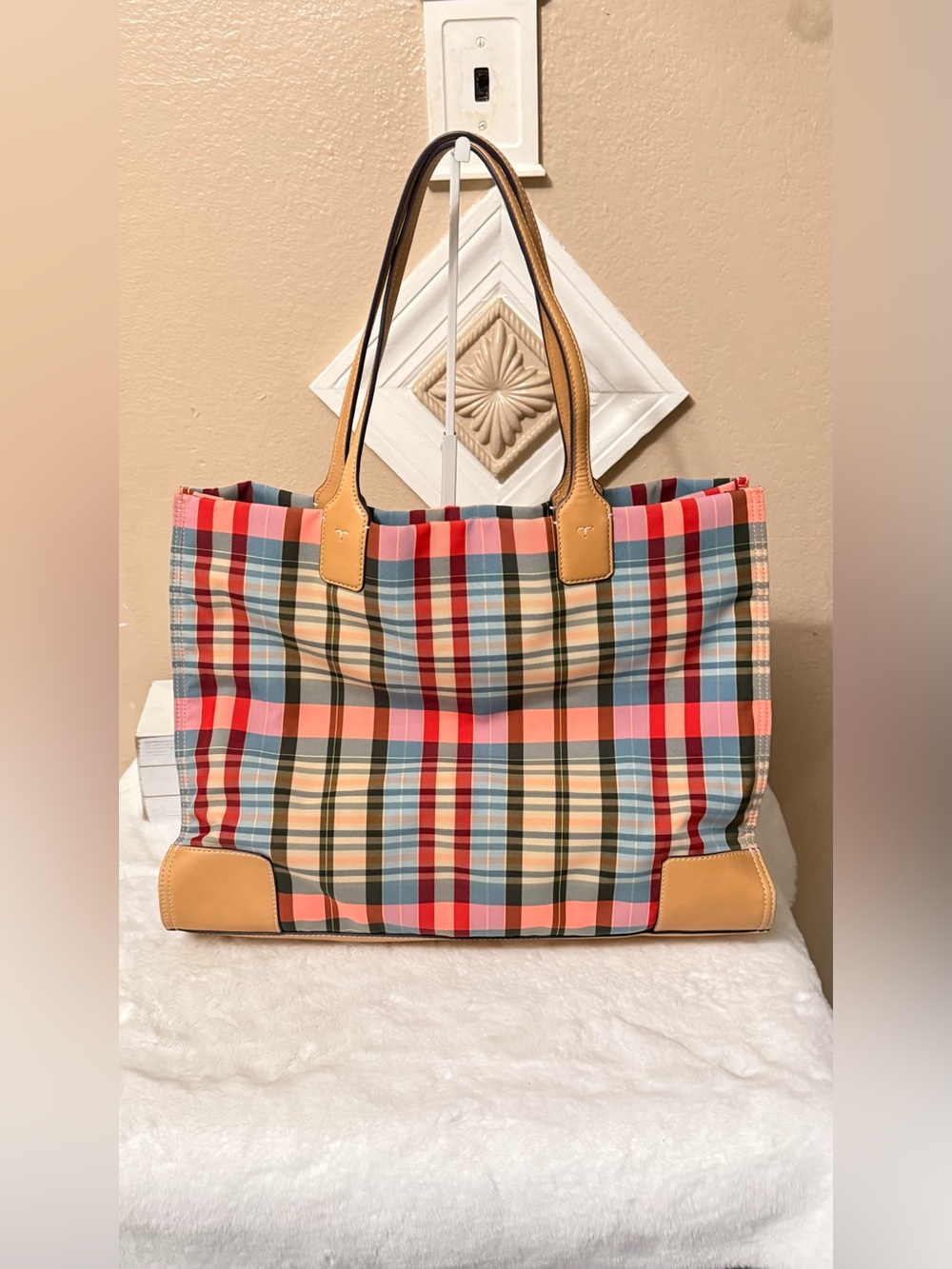 Tory Burch Multicolor Plaid Tote with Tan Leather Trim - Picture 3 of 13